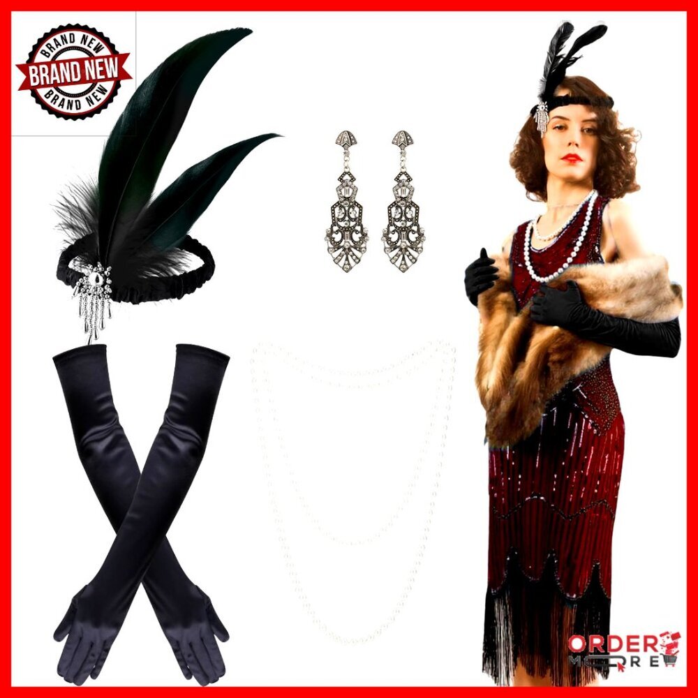 Fringed Flapper Cocktail Dress Set with Accessories, Size L/XL